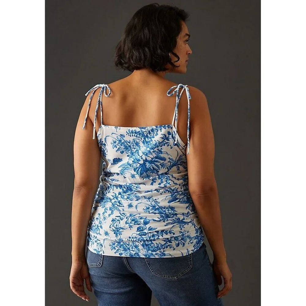 💙 NEW Anthropologie Maeve Shirred Tie Shoulder Chinoiserie Tank Top 2X - Picture 3 of 9